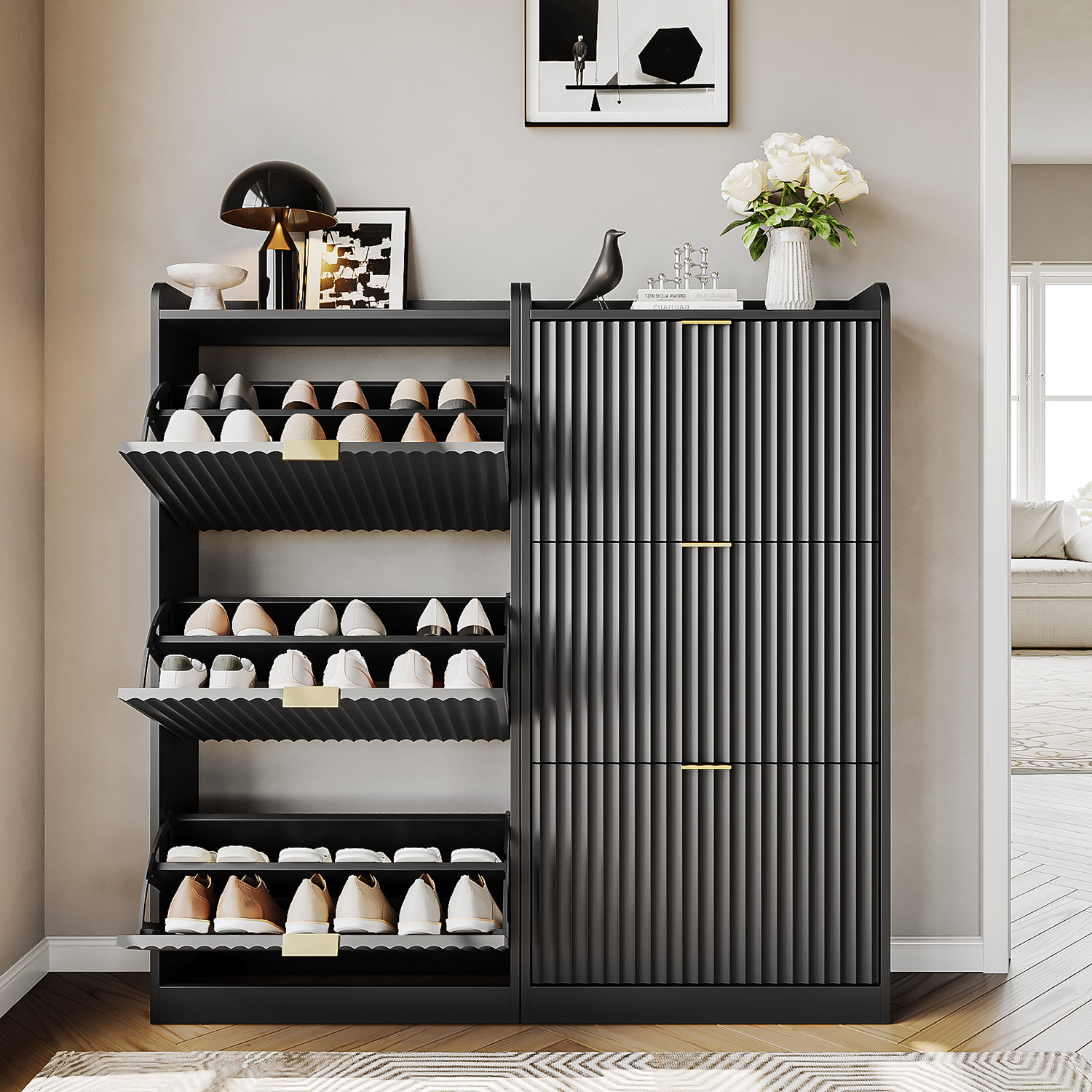 Rebrilliant Alma 18 Pair Shoe Cabinet With 3 Flip Drawers And